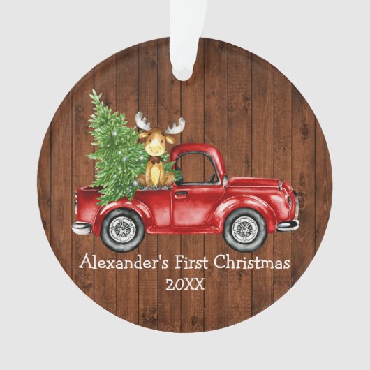 Baby Eerste Kerstdag Rode Vrachtwagen Moose Rustic Ornament (voorkant)