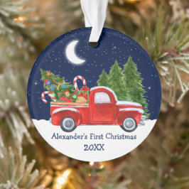 Baby eerste kerstdag roodrotswagen ornament