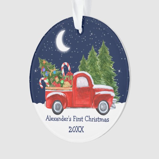 Baby eerste kerstdag roodrotswagen ornament (voorkant)