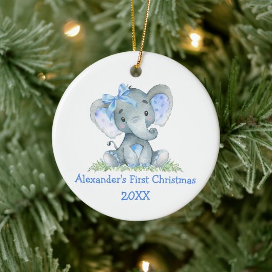 Baby eerste kerstdag Waterverf Blauwe olifant Bow Keramisch Ornament (Boom)