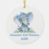 Baby eerste kerstdag Waterverf Blauwe olifant Bow Keramisch Ornament (Voorkant)