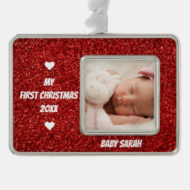 Baby eerste kerstfeest Aangepaste foto en naam Gli Verzilverd Omlijst Ornament