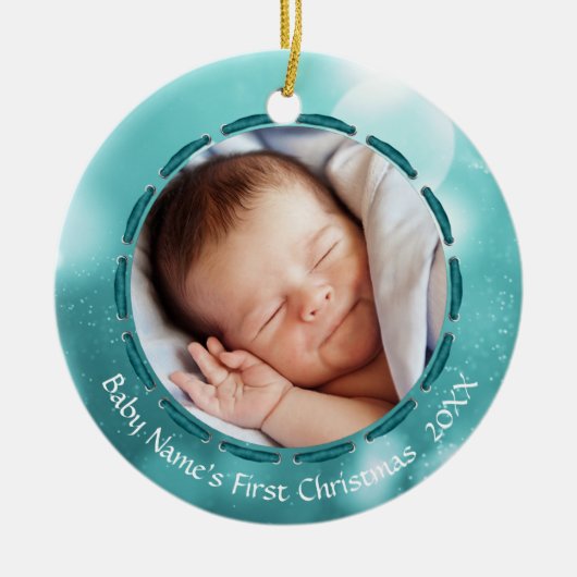 Baby eerste kerstfeest Blauwgroen Bokeh Persoonlij Keramisch Ornament (Voorkant)