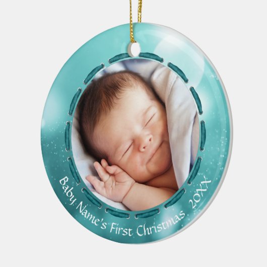 Baby eerste kerstfeest Blauwgroen Bokeh Persoonlij Keramisch Ornament (Links)