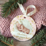 Baby eerste kerstfeest Magische goudvlekken Foto Ornament<br><div class="desc">Ornament voor de eerste kerstfoto van een sneeuwvlok van een magisch goud aan de baby. Het ornament van de roze en gouden baby's eerste kerstkeepslag kan worden aangepast met de naam van de baby,  het jaar,  en één foto op de voorkant en één op de achterkant.</div>