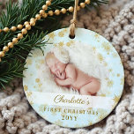 Baby eerste kerstfeest Magische goudvlekken Foto Ornament<br><div class="desc">De eerste kerstfoto van een sneeuwvlokje van een magische gouden sneeuwvlok is een goede versiering. De gouden en lichtblauwe kerstversiering van de baby kan worden aangepast met de naam van de baby,  het jaar,  en één foto op de voorkant en één op de achterkant.</div>