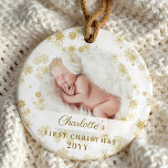 Baby eerste kerstfeest Magische goudvlekken Foto Ornament<br><div class="desc">Ornament voor de eerste kerstfoto van een sneeuwvlok van een magisch goud aan de baby. Baby's eerste kersttasje ornament kan worden aangepast met de naam van de baby,  het jaar,  en één foto op de voorkant en één op de achterkant.</div>