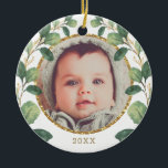 Baby eerste kerstfeest met gouden eucalyptus keramisch ornament<br><div class="desc">Dit ontwerp is voorzien van een prachtige illustratie van de waterverf van groene en goudgroene lichtenergie. Gebruik de velden sjabloon om je gegevens toe te voegen. Als u de doopvontstijl,  de kleur of de tekstplaatsing wilt veranderen,  eenvoudig klik "aanpassen verder"knoop.</div>