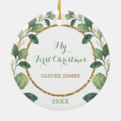 Baby eerste kerstfeest met gouden eucalyptus keramisch ornament (Achterkant)