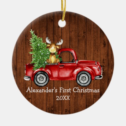 Baby eerste kerstfeest Rustige Ronde met roodvrach Keramisch Ornament (Voorkant)