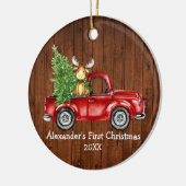 Baby eerste kerstfeest Rustige Ronde met roodvrach Keramisch Ornament (Links)