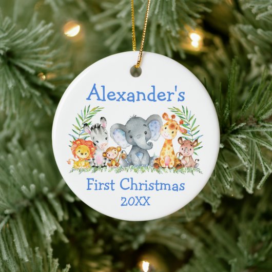 Baby eerste kerstfeest Safari Animals Blue Round Keramisch Ornament (Boom)
