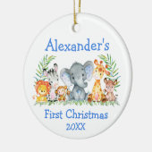 Baby eerste kerstfeest Safari Animals Blue Round Keramisch Ornament (Links)