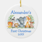 Baby eerste kerstfeest Safari Animals Blue Round Keramisch Ornament (Achterkant)