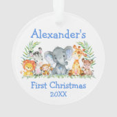 Baby eerste kerstfeest Safari Animals Blue Round Ornament (achterkant)