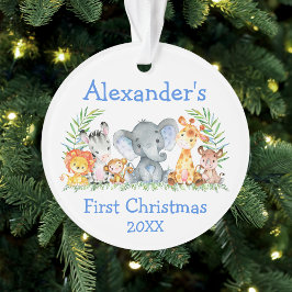Baby eerste kerstfeest Safari Animals Blue Round Ornament