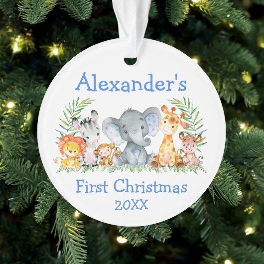 Baby eerste kerstfeest Safari Animals Blue Round Ornament