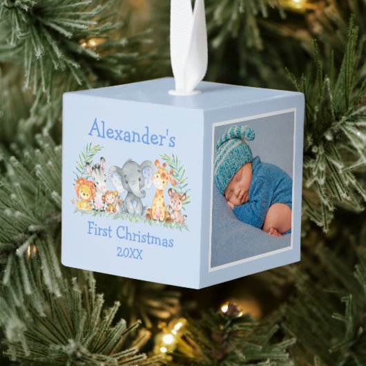 Baby eerste kerstfeest Safari Dieren Blauwe Foto Decoratie (Boom)