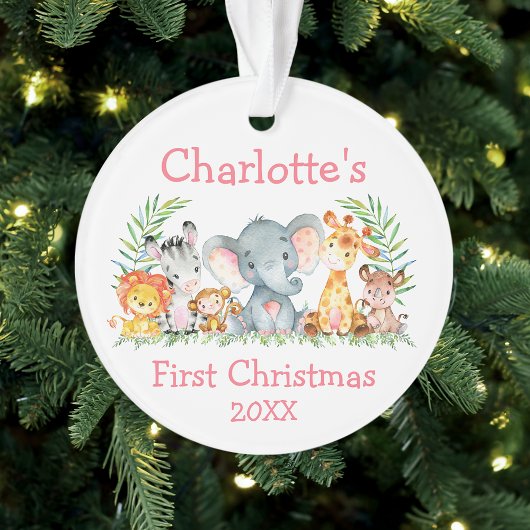 Baby eerste kerstfeest Safari Dieren Roze Ronde Ornament