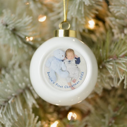 Baby Eerste kerstfoto gebogen typografie Keramische Bal Ornament (Boom)