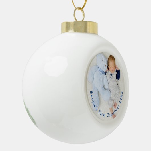 Baby Eerste kerstfoto gebogen typografie Keramische Bal Ornament (Links)