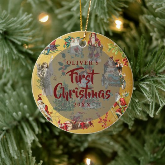 Baby Eerste kerstfoto  Gold Keramisch Ornament (Boom)