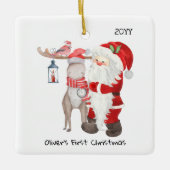 Baby eerste kerstfoto Kerstman en rendier Keramisch Ornament (Voorkant)