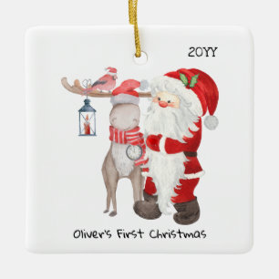Baby eerste kerstfoto Kerstman en rendier Keramisch Ornament