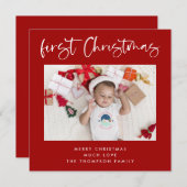 Baby eerste kerstfoto met kerstmis Rood Square Feestdagenkaart (Voorkant / Achterkant)