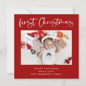 Baby eerste kerstfoto met kerstmis Rood Square Feestdagenkaart (Voorkant)