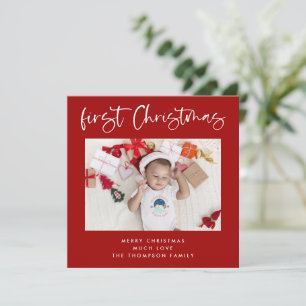 Baby eerste kerstfoto met kerstmis Rood Square Feestdagenkaart