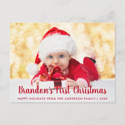 Baby eerste kerstfoto met rood script briefkaart (Voorkant)