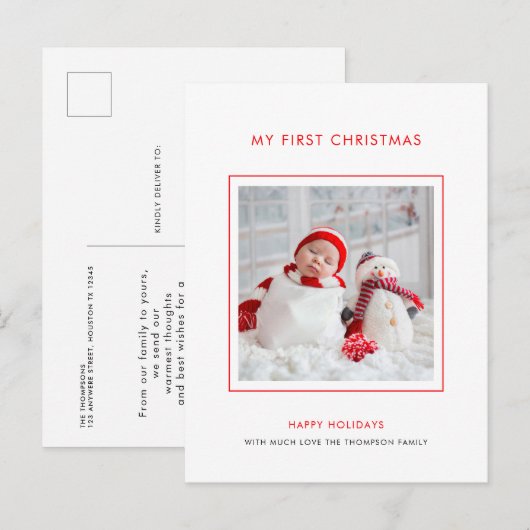 Baby eerste kerstfoto-minimalistische feestdag briefkaart (Voorkant / Achterkant)
