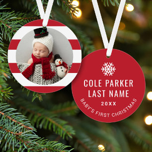 Baby eerste kerstfoto Modern Red Stripes Ornament