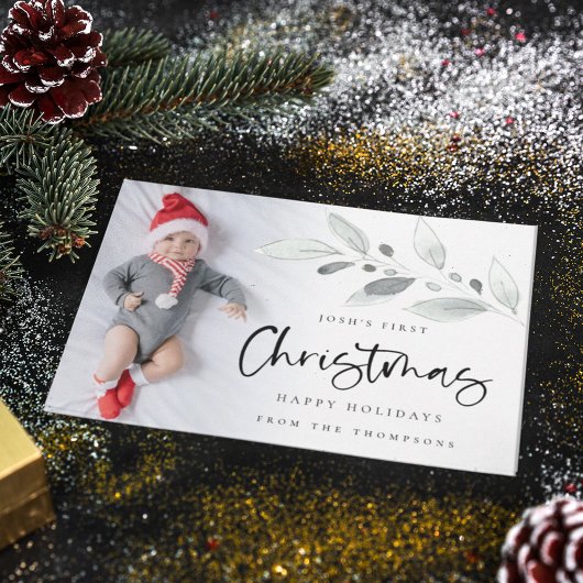 Baby eerste kerstfoto Moderne foliage Feestdagenkaart