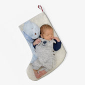 Baby Eerste Kerstfoto Naam Datum Blauw Blad Kleine Kerstsok (Achterkant (Hangend))