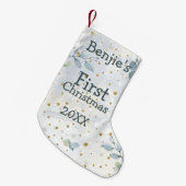 Baby Eerste Kerstfoto Naam Datum Blauw Blad Kleine Kerstsok (Voorkant (Hangend))