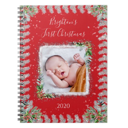 Baby eerste kerstfoto-naamgeheugen notitieboek (Voorkant)