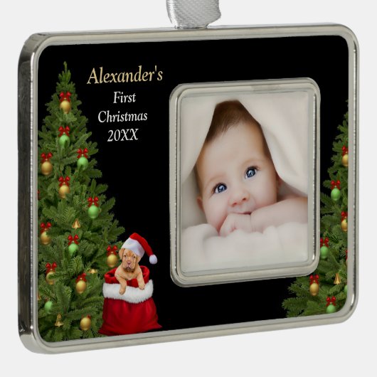 Baby eerste kerstfoto Puppy Pet personaliseren Verzilverd Omlijst Ornament (Rechts)