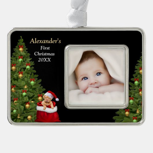 Baby eerste kerstfoto Puppy Pet personaliseren Verzilverd Omlijst Ornament (Voorkant)