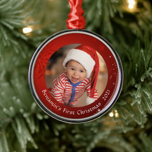 Baby eerste kerstfoto Red Snowflake Metalen Ornament (Boom)