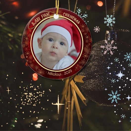Baby Eerste Kerstfoto Rood 2 zijdig Keramisch Ornament