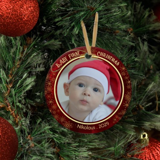 Baby Eerste Kerstfoto Rood 2 zijdig Keramisch Ornament
