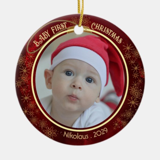 Baby Eerste Kerstfoto Rood 2 zijdig Keramisch Ornament (Voorkant)