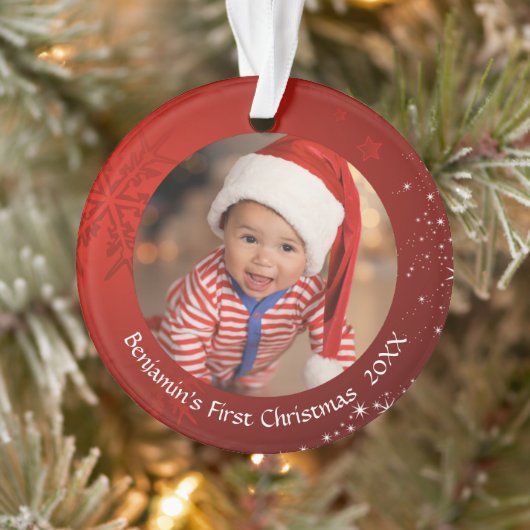 Baby Eerste kerstfoto Rood Snowflake 2 Foto Ornament (Boom)