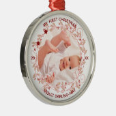 Baby eerste kerstfoto - Roze Holly Wreator Metalen Ornament (Rechts)