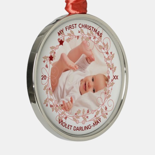 Baby eerste kerstfoto - Roze Holly Wreator Metalen Ornament (Rechts)