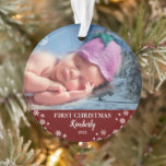 Baby eerste kerstfoto-sneeuwvlokken ornament<br><div class="desc">Baby eerste kerstfoto vakantie ornament. U kunt de naam en foto's wijzigen om deze te personaliseren.</div>