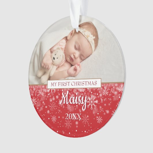 Baby Eerste Kerstfoto Sneeuwvlokken Ornament (voorkant)