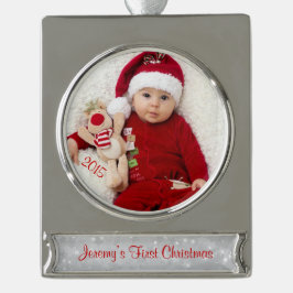 Baby eerste kerstfotosjabloon verzilverd banner ornament